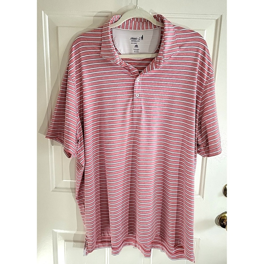johnnie‑O Performance Polo Men's XXL Pink Blue Stripe Surf‎ Logo Short Sleeve